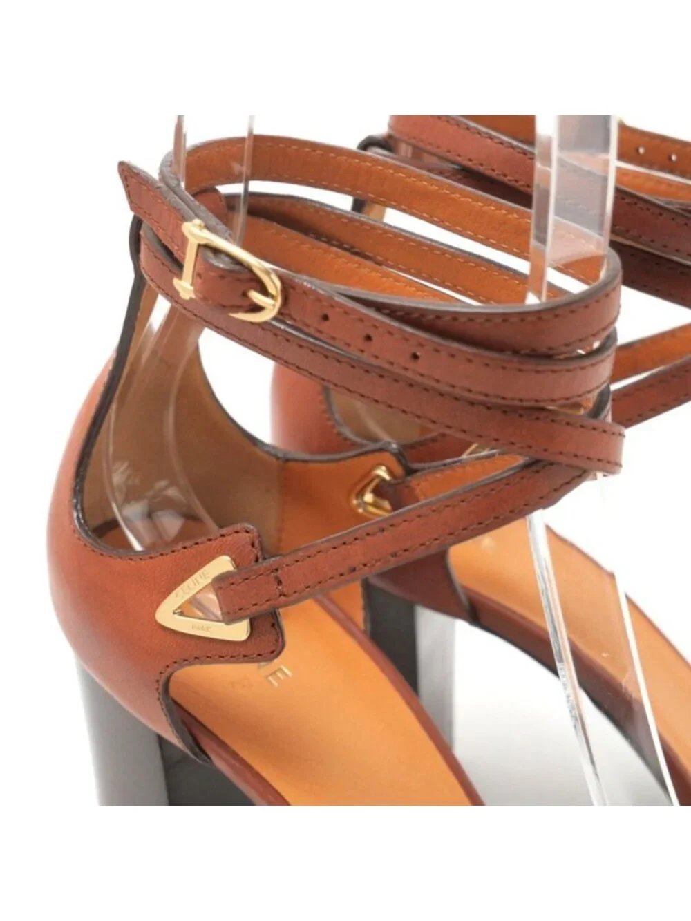 Celine Sandals Size 37.5 Ankle Strap Chunky Heel Lace Up Leather - Picture 5 of 8